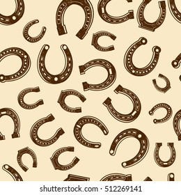 Horseshoes beige seamless pattern with isolated different shapes horseshoes arranged in different directions scattered vector illustration