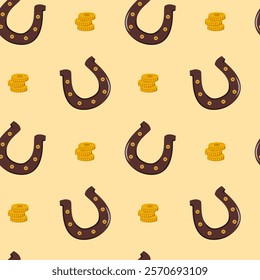 Horseshoes and coins arranged in a seamless repeat pattern, flat graphic style, on a yellow background, concept of luck and prosperity