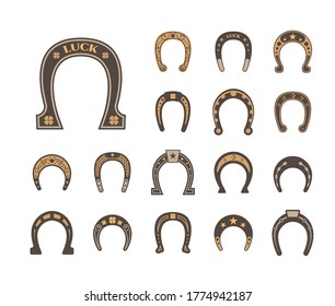 Horseshoes good luck set. Metallic stylish retro luck mascot equipment protecting horse hooves symbolic logo cowboy and wild west collection old works art. Vintage vector.