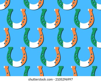 Horseshoes with Irish flag, seamless pattern for St. Patrick's Day. Festive background for advertising products, postcards and greeting cards. Vector illustration