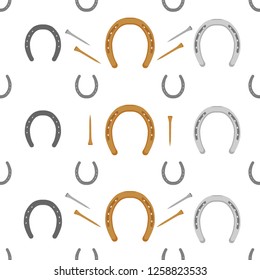 Horseshoes and nails - a seamless vector background equestrian theme. Horse equipment. For wrapping paper, backdrops, prints on clothing.