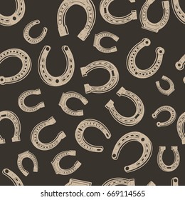 Horseshoes seamless background pattern with icons of different sizes and style on brown background vector illustration