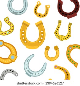 Horseshoes seamless pattern vector illustration. Icons of old and new vintage horseshoe for equestrian sport or lucky concept design element. Different design, material and shape