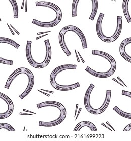 Horseshoes. Seamless pattern for wrapping, backgrounds, wallpapers, textile composition. Elements for horses. Vector hand drawn style illustration.