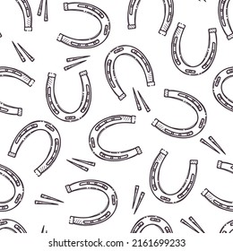 Horseshoes. Seamless pattern for wrapping, backgrounds, wallpapers, textile composition. Elements for horses. Vector hand drawn style illustration.