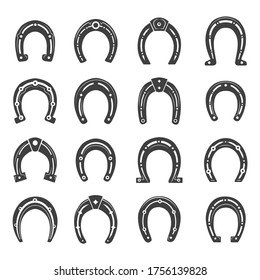 Horseshoes set. Traditional blacksmith western pictures, lucky symbol design, black steel horseshoe icons collection, old drawing isolated on white background