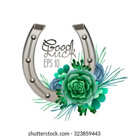 Horseshoes in silver color with succulent design. Talisman for good luck. Vector design elements isolated on white background. Decorations for Saint Patrick's Day