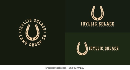 A horseshoe-shaped logo in gold color isolated on multiple background colors. The logo is suitable for vintage ranch real estate logo design inspiration templates.