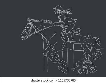 Horsewoman and a horse are jumping over an obstacle. Equestrian sport. Beautiful girl at show jumping competition, realistic white outline vector illustration, dark background.
