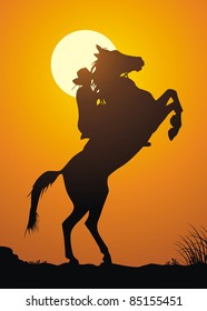 The horsewoman on a game against a sunset