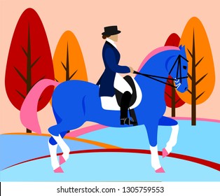 Horsewoman on horseback (rider, equestrian), flat design