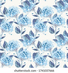 Hortensia Flowers Seamless Pattern. Hand Drawn Floral Background.