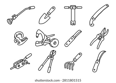 Horticultural tools outline icon design set for pruning and cultivation. Landscaping equipment line art illustration element graphic pack for gardening and farming