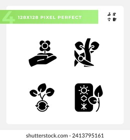 Horticulture black glyph icons set on white space. Plant breeding. Flower farming. Floriculture industry. Ornamental gardening. Silhouette symbols. Solid pictogram pack. Vector isolated illustration