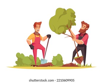 Horticulture cartoon composition with happy men planting tree in garden vector illustration