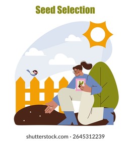Horticulture concept. Gardener kneels in sunlit yard placing seeds in soil with seed packet, yellow wooden fence, tree, and bird in background showing spring gardening activity. Vector illustration.