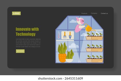 Conceito de horticultura. Estufa com plantas de regar robôs, ferramentas digitais e mudas saudáveis. Tecnologia e inovação melhoram o crescimento das plantas e cuidam da agricultura urbana sustentável. Vetor