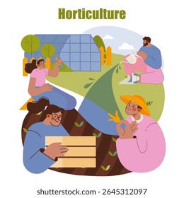 Horticulture concept. People growing plants, watering, harvesting vegetables and working near greenhouse in garden. Community enjoys teamwork and sustainable food production outdoors. Vector