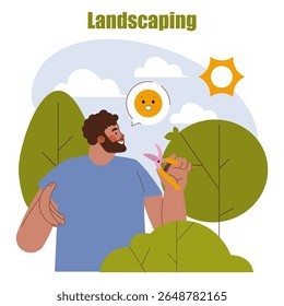 Conceito de horticultura. Homem sorridente desfrutando de trabalho de jardim com tesouras de poda cercadas por árvores e vegetação em um dia ensolarado. Atividade de jardinagem e paisagismo ao ar livre. Ilustração vetorial.