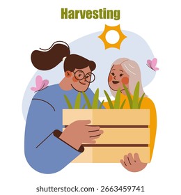 Conceito de horticultura. Duas pessoas desfrutam da colheita de plantas frescas sob o sol, compartilhando uma caixa de madeira cheia de produtos verdes, conectando-se através de gerações através da jardinagem. Ilustração vetorial.