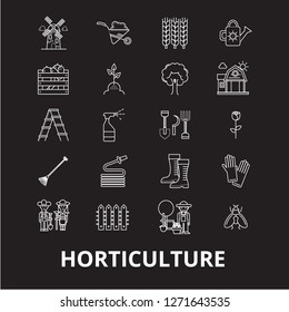 Horticulture editable line icons vector set on black background. Horticulture white outline illustrations, signs, symbols