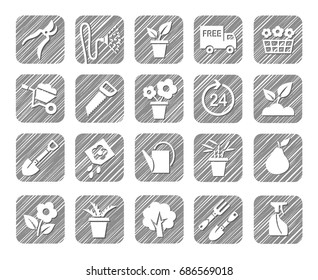 Horticulture, floriculture, horticulture, monochrome icons, vector, hatched. Drawings of garden tools and gardening goods. Hatch grey pencil simulation. 