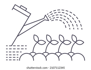 Horticulture and gardening, agriculture and farming, watering can and saplings or flowers, growing plants at farm. Hobby or work, caring for ecology and organic production. Vector in flat style