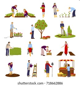 Horticulture and gardening flat set with people growing plants, flowers, fruits, sale of crop isolated vector illustration