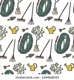 Horticulture and gardening seamless pattern with doodle style hand drawn garden hose, watering can, seedling, gardening fork and garden trowel. 
