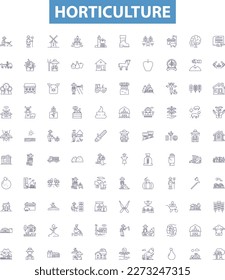 Horticulture line icons, signs set. Gardening, Nursery, Agronomy, Botany, Crops, Floriculture, Plants, Trees, Propagation outline vector illustrations.