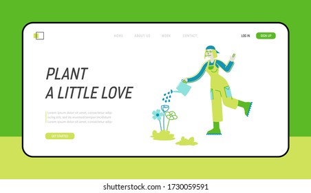 Horticulture, Olericulture Hobby Landing Page Template. Girl Gardening at House yard or in Greenhouse Watering Plants. Homework Woman Character Caring of Flowers and Herbs. Linear Vector Illustration