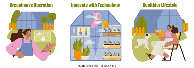 Horticulture set. Greenhouse operation, modern technology use and focus on healthier lifestyles. People manage plants, use gardening tools, relax outdoors and care for well-being. Vector illustration.
