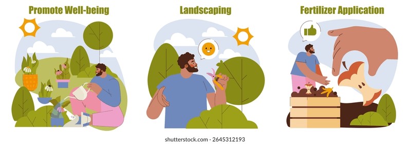 Horticultura. Pessoas cultivando plantas ao ar livre, regando flores, compostando resíduos orgânicos e desfrutando dos benefícios da paisagem na saúde e no meio ambiente. Ilustração vetorial.