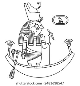 Horus is an ancient Egyptian deity. God of kingship, healing, protection, the sun, and the sky.
Colouring page for kids. Learning culture, mythology with fun. Black and white vector illustration.