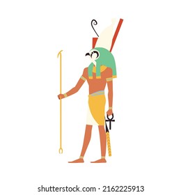 Horus Egyptian god of heaven full length portrait, flat cartoon vector illustration isolated on white background. Egyptian god or deity Horus with falcon bird head.