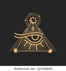 Horus eye ancient Egypt sign, pyramid and egyptian cross, occultism holistic vision sign, tribal all seeing eye. Vector prediction tarot magic sign