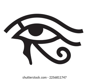 Ojo Horus. Wadjet - un antiguo símbolo egipcio, el ojo de halcón izquierdo del dios Horus, un símbolo de la luna. Ilustración monocroma vectorial. Fondo blanco.