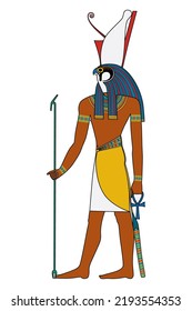 Horus, god of kingship and the sky in ancient Egypt. Tutelary deity, depicted as a falcon headed man, wearing the pschent, a red and white crown, symbol of kingship over the entire kingdom of Egypt.