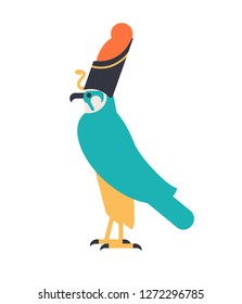 Horus - god of sky, guardian deity or mythological creature depicted as falcon wearing Egyptian crown. Legendary character from ancient Egypt mythology. Colorful vector illustration in flat style.