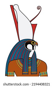 Horus portrait, god of kingship and the sky in ancient Egypt. Tutelary deity, depicted as falcon headed man, wearing the pschent, double crown and symbol of kingship over the entire kingdom of Egypt.