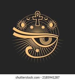 Horus prediction eye, tarot magic symbol, ethnic amulet with Egypt cross and all seeing eye. Vector occultism holistic vision sign, tribal chakra rays