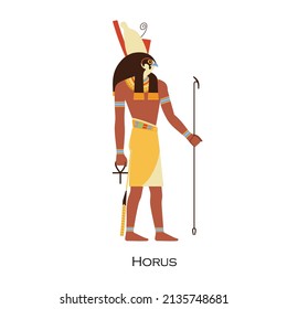 Perfil de Horus, dios egipcio. Hor, la deidad de reyes y cielo de los Antiguos Egipcios. Carácter falcón de la vieja civilización, historia y religión. Ilustración vectorial plana aislada en fondo blanco