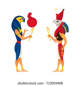 Horus and Ra, gods of ancient Egypt religion, flat cartoon vector illustration isolated on white background. Ancien Egypt gods Horus and Ra, flat side view full length portrait