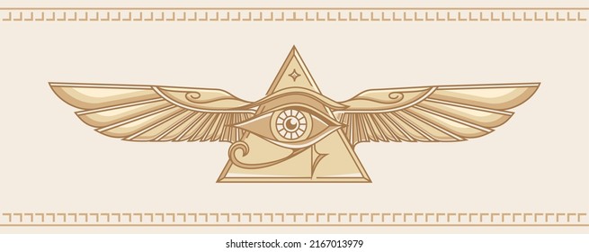 Horus with wings vector. Ancient Egypt vintage art hipster line art Illustration vector with eye of horus with Sacred scarab wings wall art design in outline simple minimal design