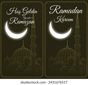 Hos Geldin Ramazan or Ramadan Kareem concept vector. Eminonu New Mosque and crescent moon with islamic pattern. Ramadan Kareem texts in image.