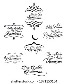 Hos geldin ya sehri Ramazan.Hos geldin Ramazan.Translation from turkish: Welcoming Ramadan. Font Calligraphy set.Typography, text set