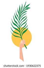 Hosanna. Palm Sunday. Hand holding a green palm leaf with yellow circle on white background. The Entry of Our Lord into Jerusalem