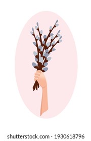 Hosanna. Yew or 	Pussy Willow Sunday. Hand holding a bunch of willow branches on light purple background. The Entry of Our Lord into Jerusalem