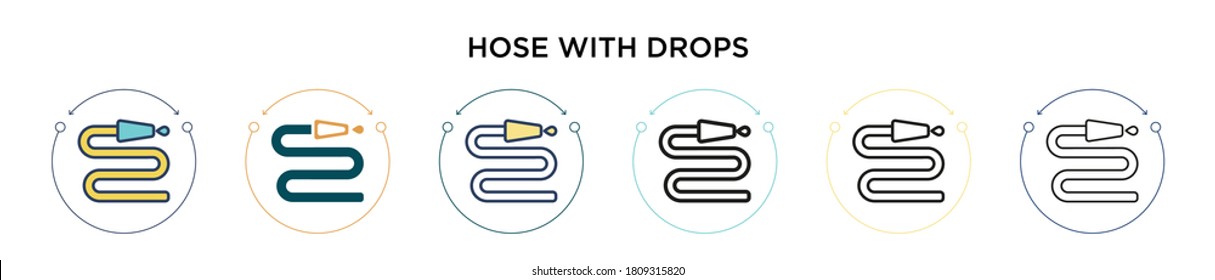 Hose with drops icon in filled, thin line, outline and stroke style. Vector illustration of two colored and black hose with drops vector icons designs can be used for mobile, ui, web