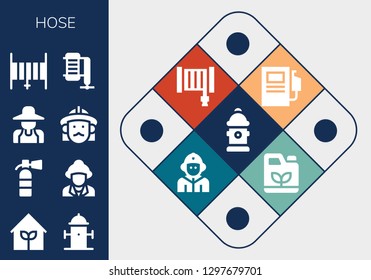  hose icon set. 13 filled hose icons. Simple modern icons about  - Hydrant, Garden, Extinguisher, Firefighter, Gardener, Hose, Compressor, Fuel station, Gasoline